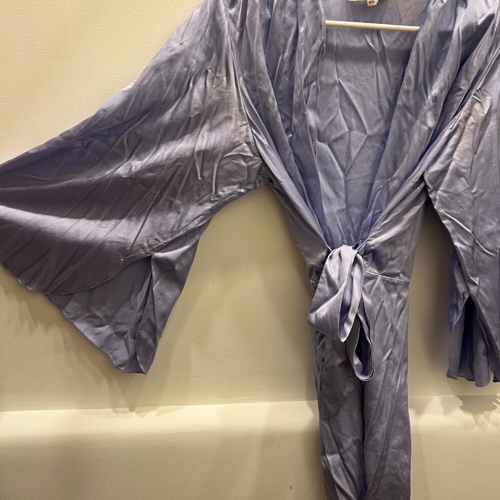 Fleur du Mal Satin Wrap Robe in Dusty Blue - Picture 7 of 10